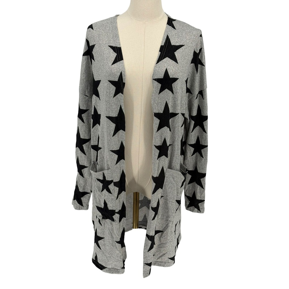 SHEIN Cardigan Gray Black Star Print Open Front Pocket Knit Size L